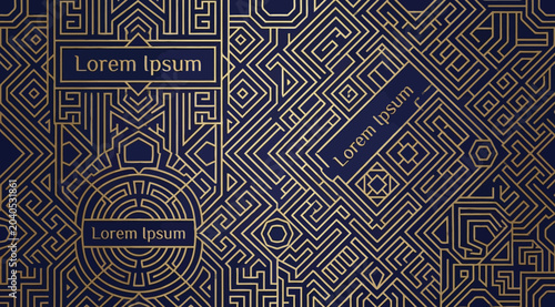 Tableau sur toile Art deco luxury background with geometric maze pattern and golden lines on dark