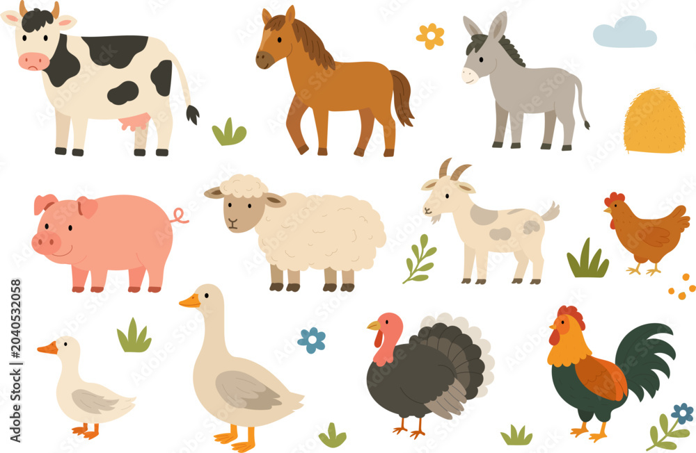 Naklejka premium Farm animals with spring landscape. Cow, horse, donkey, sheep, goat, pig, dogs and cat. Vector illustration in flat cartoon style.