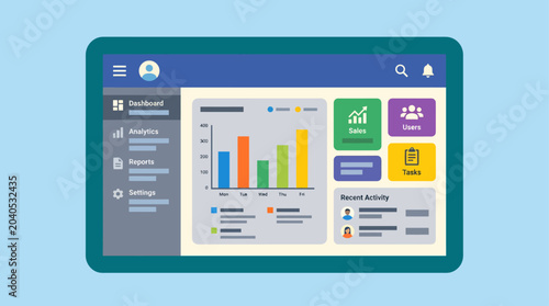 Fotografi A tablet displaying a colorful infographic dashboard with various charts and graphs
