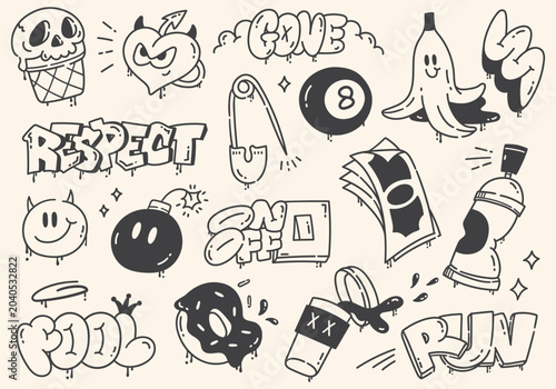 Urban street art graffiti style doodle elements set with random objects.