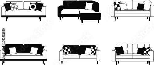 Cuadro en lienzo Modern Living Room Sofa and Sectional Couch Vector Icon Set Featuring Mid Centur