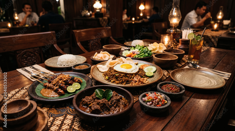 Fototapeta premium Rich Indonesian food feast featuring traditional dishes, rice, grilled meats, sambal, and warm rustic dining atmosphere.
