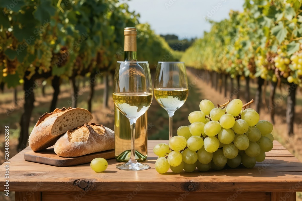 Fototapeta premium White wine glasses sit by a bottle on a rustic wooden table with fresh bread and green grapes. Vineyards stretch into background, suggesting a tasting or picnic.