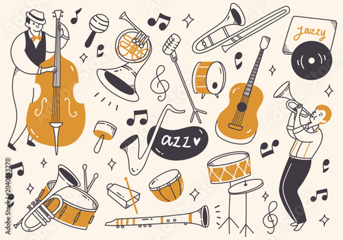 Foto Jazzy music doodle collection with various instruments and musicians performing