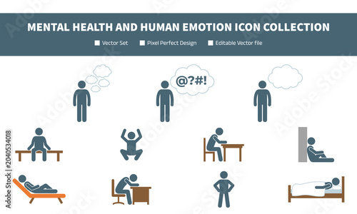 Принти на полотні Mental Health and Human Emotion Icon Collection with Stress Relaxation and Lifes