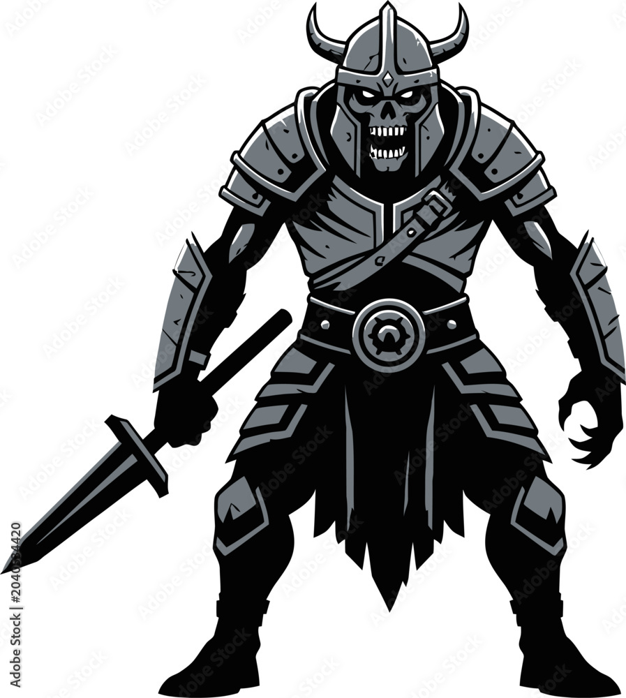 Fototapeta premium Medieval warrior with horned helmet sword.