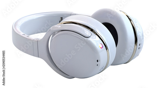 Modern white wireless headphones with silver trim isolated on black background