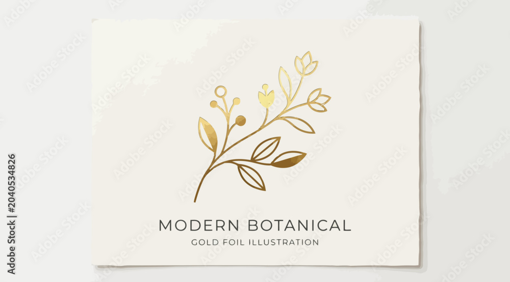 Obraz premium Modern botanical gold foil illustration of a delicate floral branch with buds and leaves, luxury design asset
