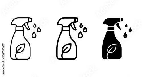 Foto Eco-friendly spray bottle icons, cleaning liquid droplets, organic leaf symbol,
