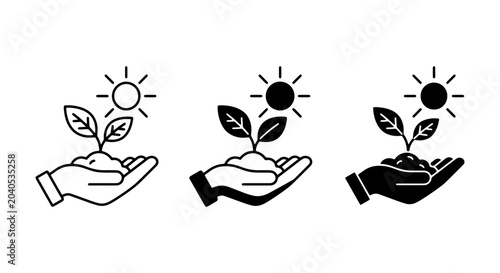 Canvastavla Vector Icons: Hand Holding Sprout, Sun, Growth, Nature, Sustainability, Ecology,