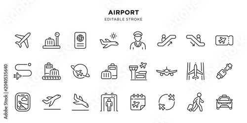 Minimal airport outline icon set with editable stroke