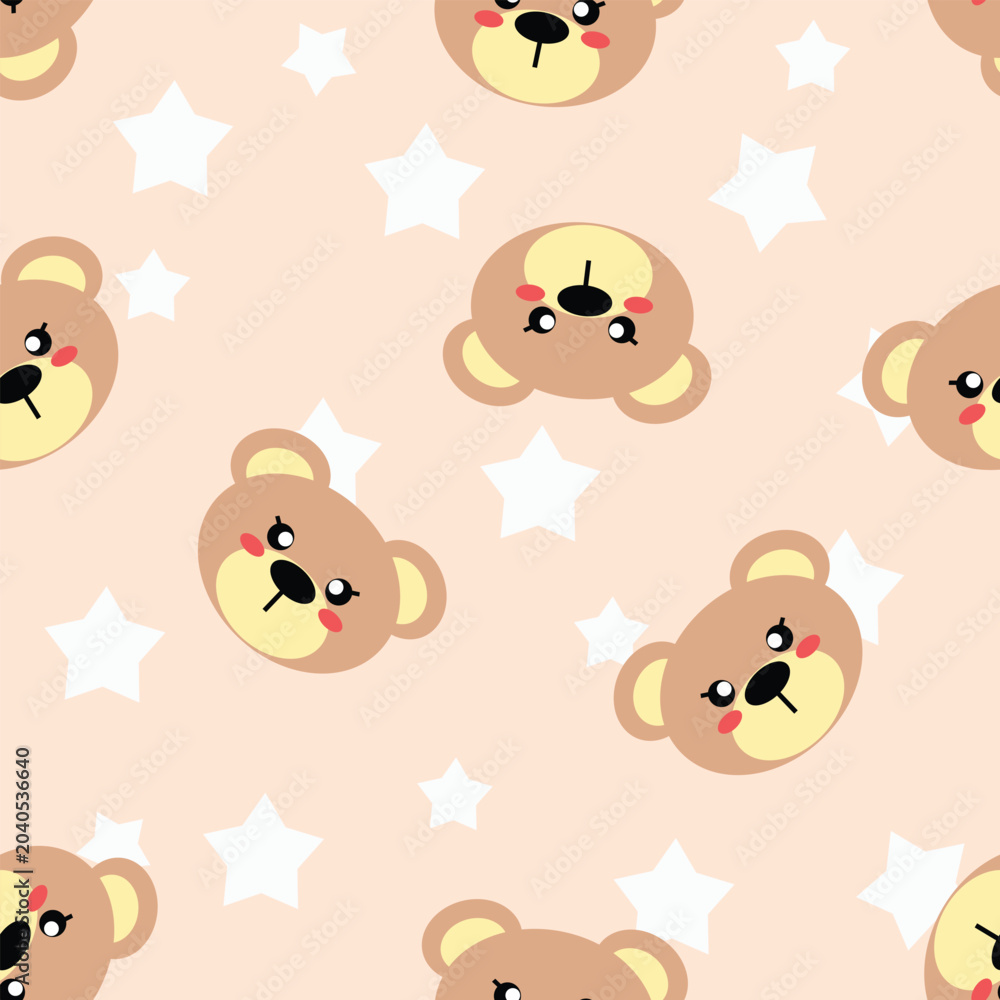 Fototapeta premium Seamless pattern with cute brown bear faces and white stars on pink background for nursery fabric design.