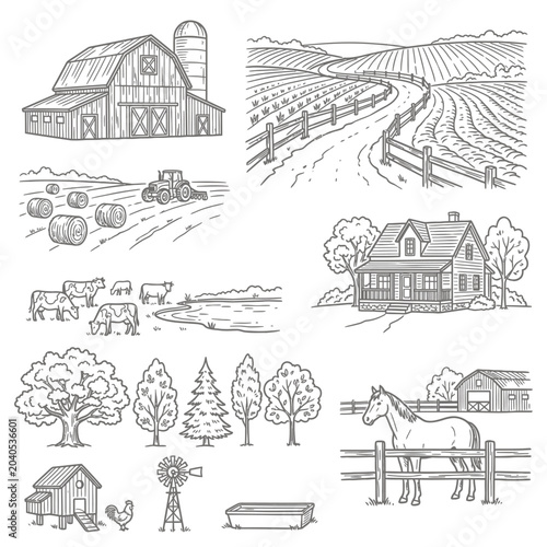 Farmhouse with barn and horse.