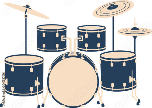 Bild auf Leinwand Drum kit features a deep navy blue finish with light beige drumheads and metallic cymbals arranged in a professional studio setup