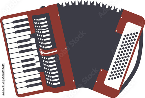 Foto Accordion painted in deep red and charcoal grey colors displays a detailed keyboard and circular buttons for musical accompaniment