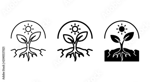 Foto Seedling Growth Icons, Plant Sprout Stages, Root System Development, Organic Far