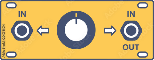 Foto Signal processor shows a vibrant yellow rectangular interface with two input ports and a central rotary knob for routing audio paths