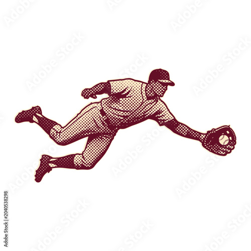 Vintage style illustration of a baseball player diving for a catch