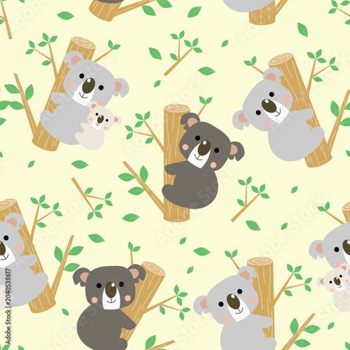 Photography Adorable koala family seamless pattern with bears climbing trees on yellow background