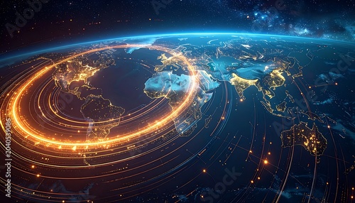 A glowing orange network encircles the Earth