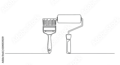 Continuous line drawing of paint roller and brush set with painting, renovation