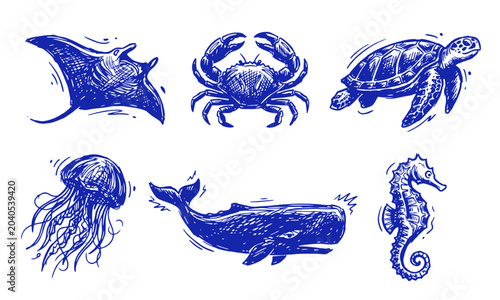 Hand Drawn Sea Life Vector Logo Set. Vintage Sketch Ocean Animals Icons Featuring Whale, Shark, Octopus, Dolphin, Turtle, Crab, Seahorse, Lobster. Retro Marine Undersea Branding Mascot Elements.