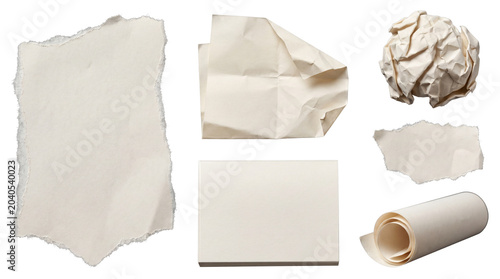 Konstfotografi Various shapes of torn and rolled off-white paper