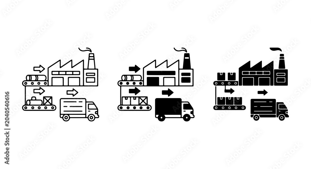 Naklejka premium Industrial Factory Logistics Icons, Manufacturing Process Flow, Shipping Delivery Workflow, Supply Chain Management