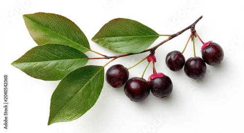 A Branch with Dark Berries and Green Leaves on a White Background.