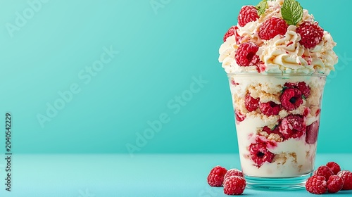 Raspberry Vanilla Cream Parfait in Glass on Teal Background