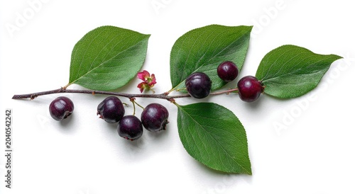 A Branch with Dark Berries and Green Leaves on a White Background.
