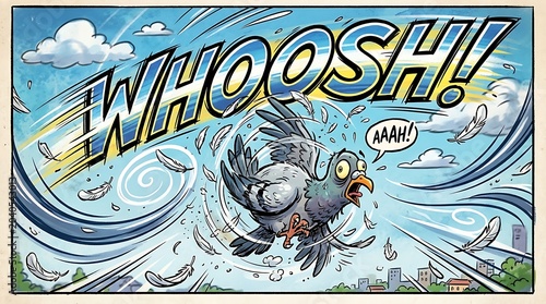 Comic Pigeon in Flight: A comical cartoon pigeon experiences a chaotic and wind-swept flight, with feathers flying and a startled expression, amidst a stylized cityscape.