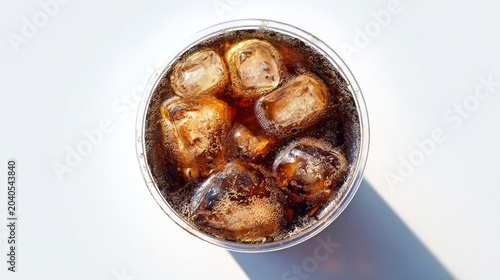 Refreshing Cold Cola Drink with Ice Cubes in a Clear Plastic Cup.
