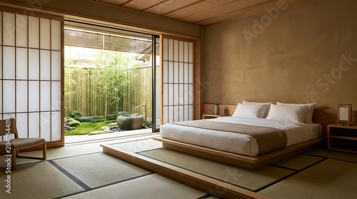 Empty luxury modern Zen hotel bedroom with private peaceful bamboo garden view