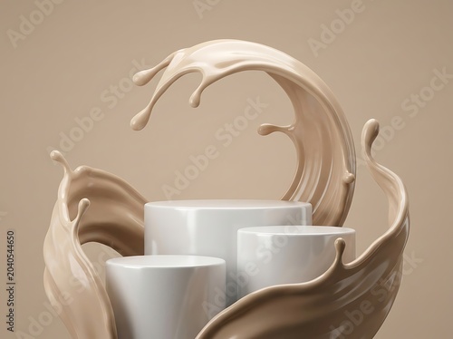 Creamy liquid splashing around white cups beige background wave