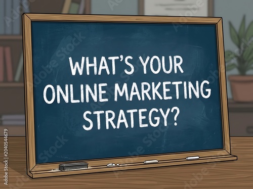 Chalkboard with online marketing strategy question on wooden desk in office
