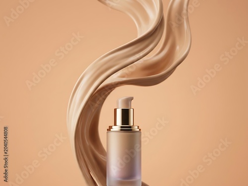 Beige liquid foundation flowing from bottle on peach background foundation bottle