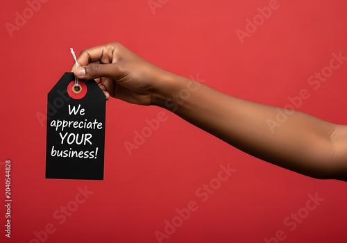 Arm holding black tag with white text on red background hand