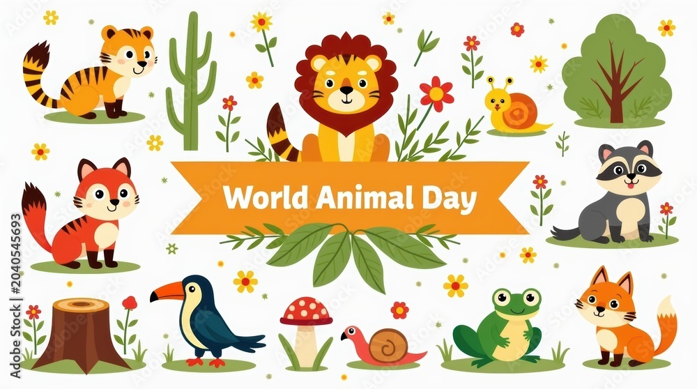 Fototapeta premium Cute cartoon animal set for World Animal Day celebration with lion tiger fox raccoon toucan snail and frog characters