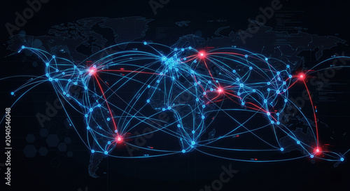Abstract global transaction network with red suspicious nodes, representing AML monitoring, cross-border money laundering risks and financial crime investigation.