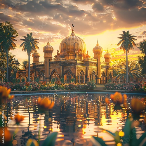 Beautiful mosque in Ramadan Kareem or Eid Al Fitr vibes. Islamic mosque architecture building concept by AI Generated
