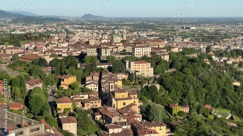 Bergamo. One of the beautiful city in Italy. Landscape at the old town from San Vigilio hill. Amazing view of the towers, bell towers and main churches. Touristic destination. Best of Italy