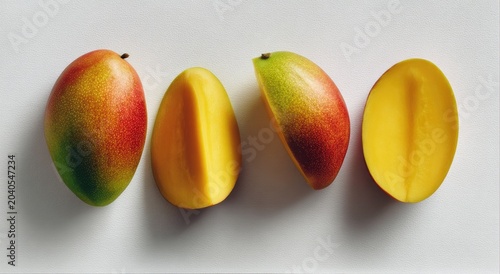 Vibrant Mangoes Halved and Whole on a Clean White Background.