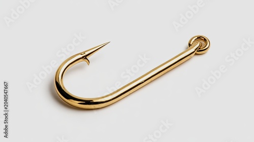 Golden Fishing Hook Isolated on White Background.