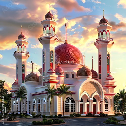 Beautiful mosque in Ramadan Kareem or Eid Al Fitr vibes. Islamic mosque architecture building concept by AI Generated

