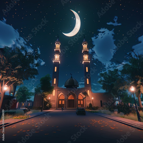 Beautiful mosque in Ramadan Kareem or Eid Al Fitr vibes. Islamic mosque architecture building concept by AI Generated

