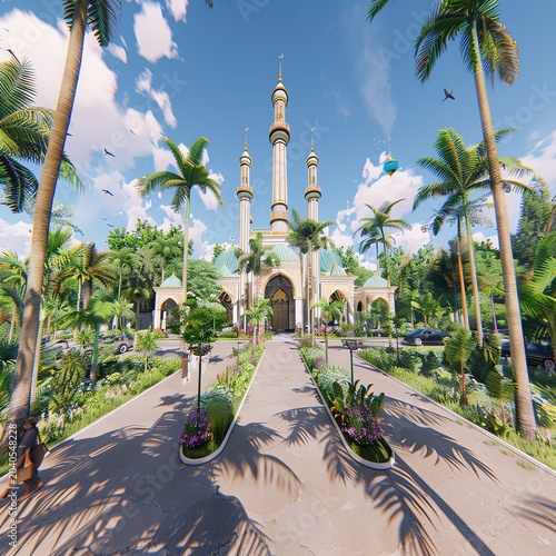 Beautiful mosque in Ramadan Kareem or Eid Al Fitr vibes. Islamic mosque architecture building concept by AI Generated

