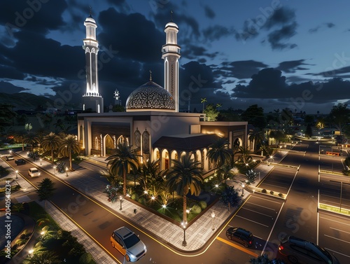 Beautiful mosque in Ramadan Kareem or Eid Al Fitr vibes. Islamic mosque architecture building concept by AI Generated
