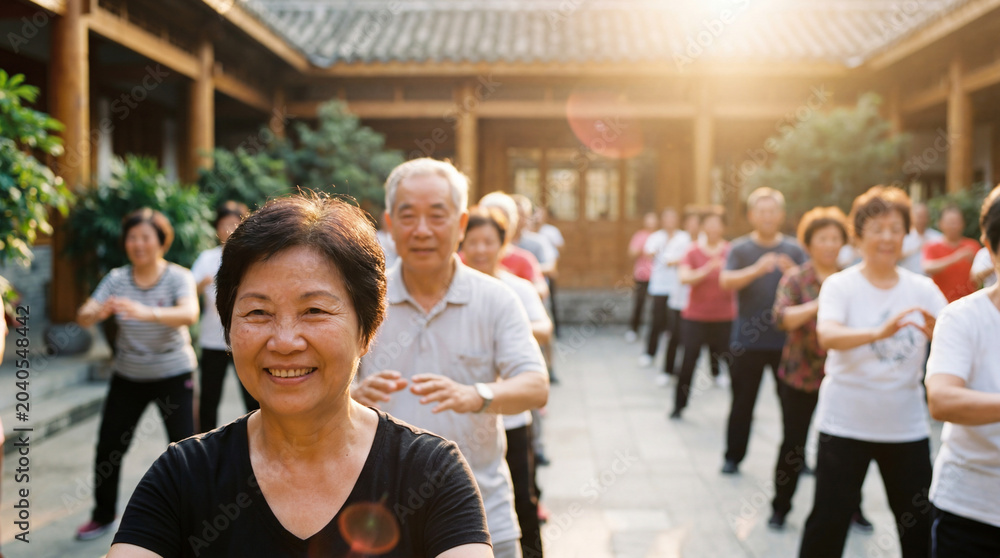 Fototapeta premium Community senior wellness and active aging with a smiling elderly Asian woman leading a group tai chi practice in a sunlit public courtyard