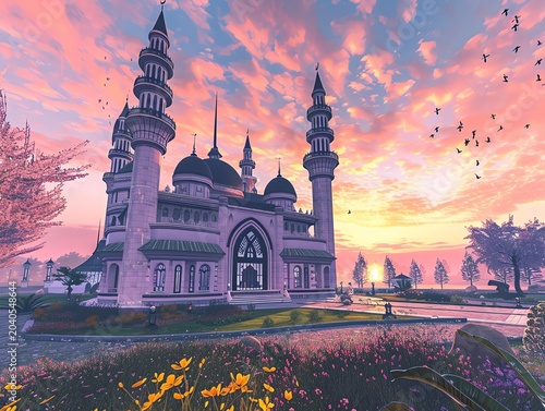 Beautiful mosque in Ramadan Kareem or Eid Al Fitr vibes. Islamic mosque architecture building concept by AI Generated

